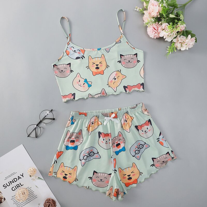 

Cartoon Graphic Cami Pajama Set, Mint green