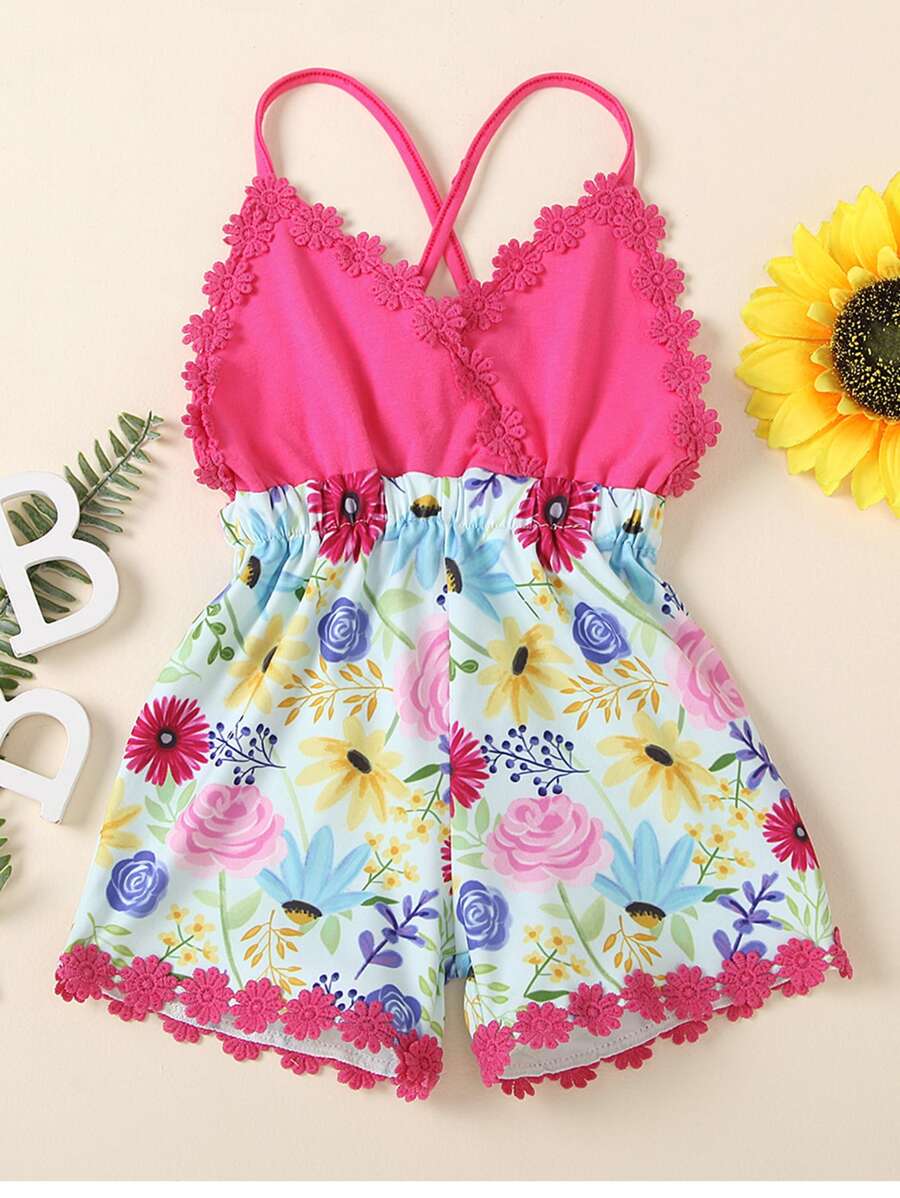 Toddler Girls Floral Print Appliques Cami Romper - Multicolor - View 1