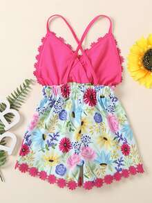 Toddler Girls Floral Print Appliques Cami Romper - Multicolor - View 2