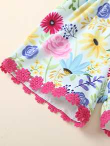 Toddler Girls Floral Print Appliques Cami Romper - Multicolor - View 3