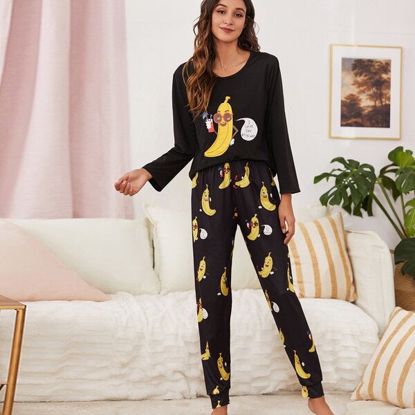 

Slogan & Cartoon Graphic PJ Set, Black