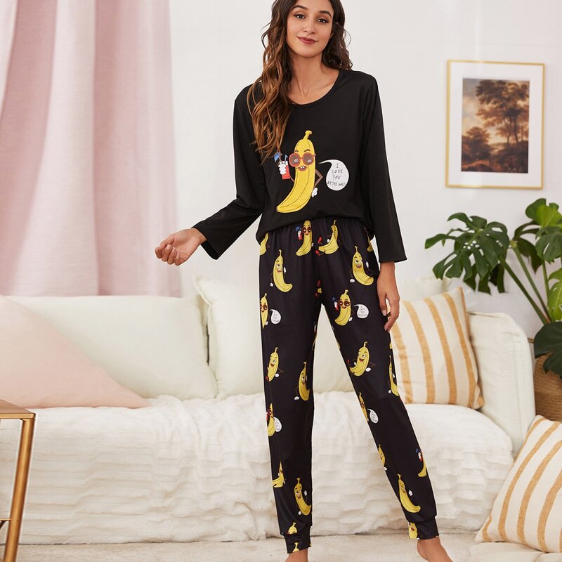 

Slogan & Cartoon Graphic PJ Set, Black