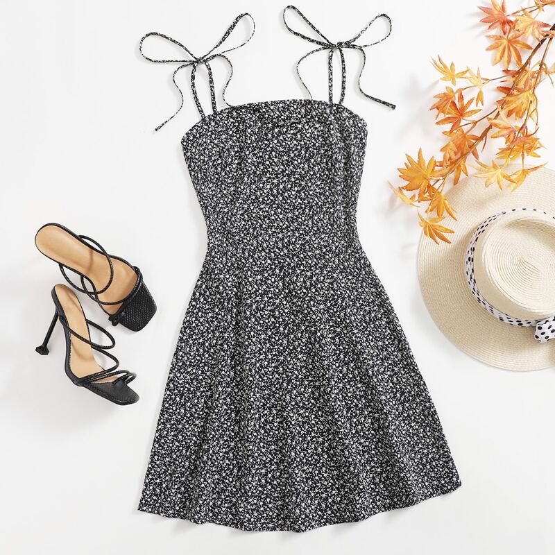 

Plants Print Tie Shoulder Cami Dress, Black and white