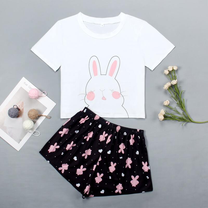 

Cartoon & Heart & Polka Dot Print PJ Set, Multicolor