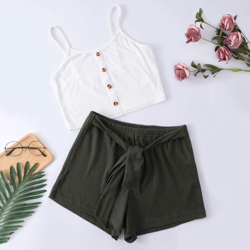 

Button Front Cami Top With Knot Shorts Lounge Set, Multicolor