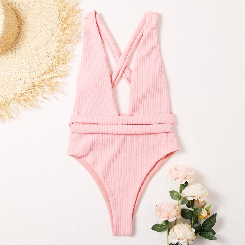 

Belted Criss Cross One Piece Swimsuit, Baby pink