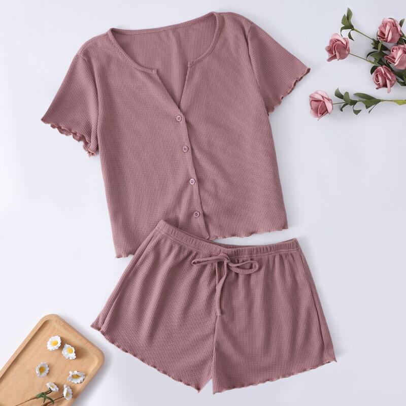 

Solid Lettuce Trim Ribbed Lounge Set, Dusty pink