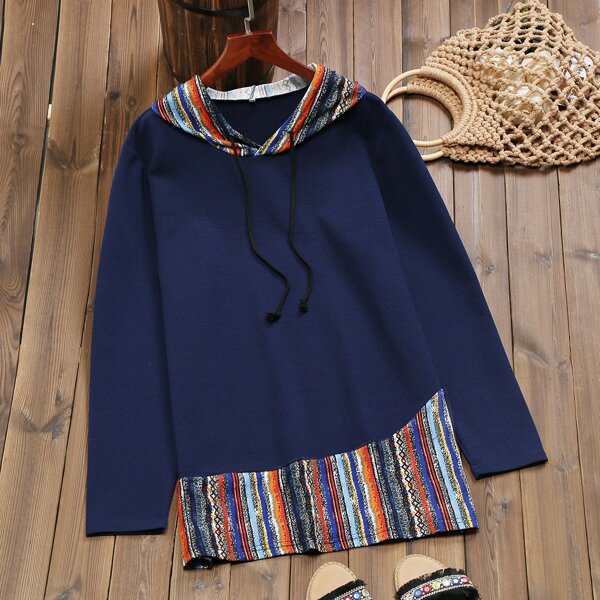 

Plus 2 In 1 Striped Drawstring Hooded Sweatshirt, Navy blue