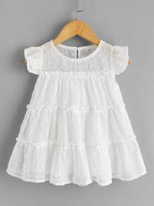 Baby Girl Swiss Dot Frill & Ruffle Trimed Smock Dress - White - View 1