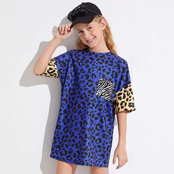 

Girls Zebra Striped Pocket Patched Allover Print Dress, Blue
