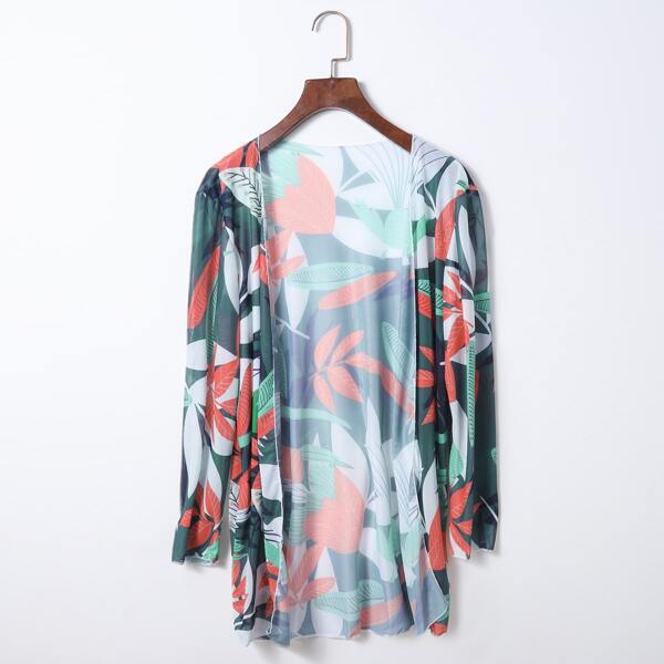 

Allover Leaf Print Mesh Kimono, Multicolor