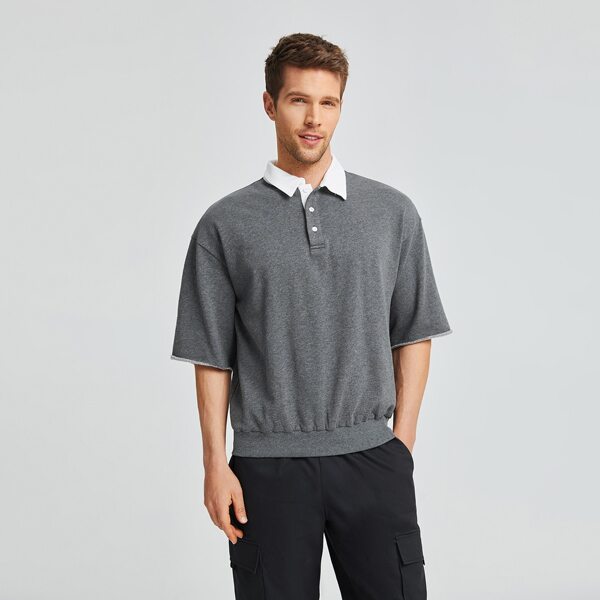 

Men Contrast Collar Drop Shoulder Polo Shirt, Dark grey