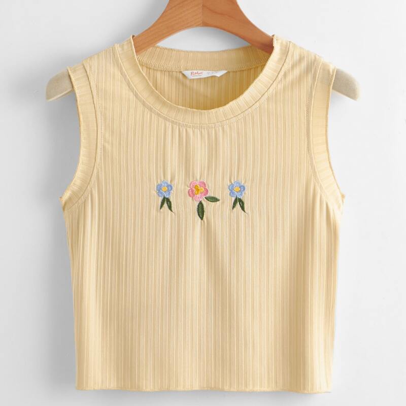 

Floral Embroidery Crop Tank Top, Apricot