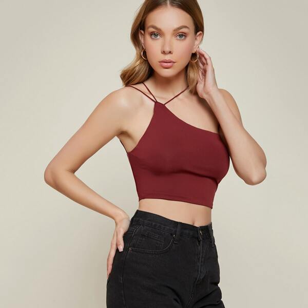 

Asymmetrical Neck Solid Crop Cami Top, Maroon