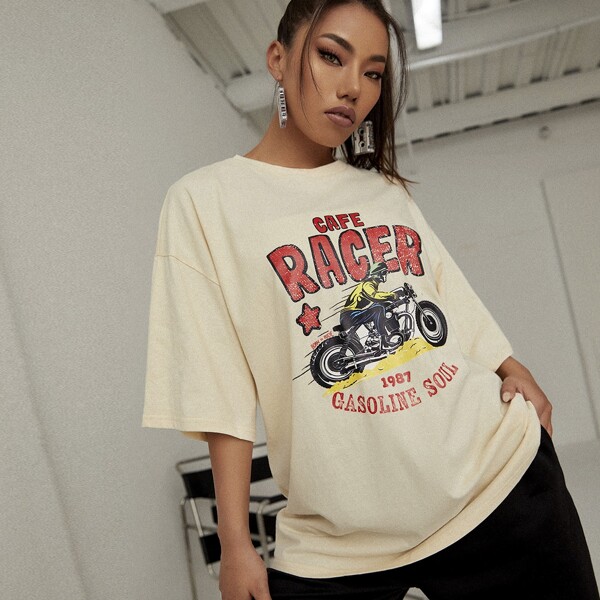 

Motorcycle & Letter Graphic Drop Shoulder Longline Tee, Apricot