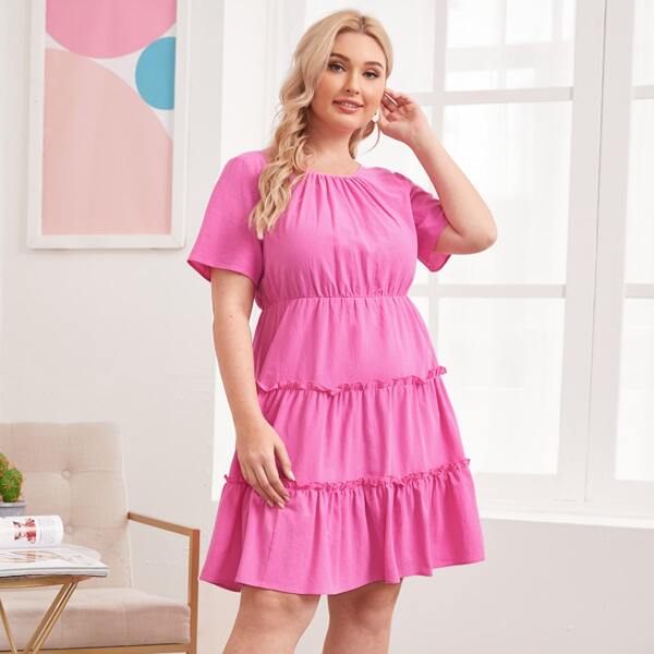 

Plus Frill Layered Hem Solid Dress, Pink