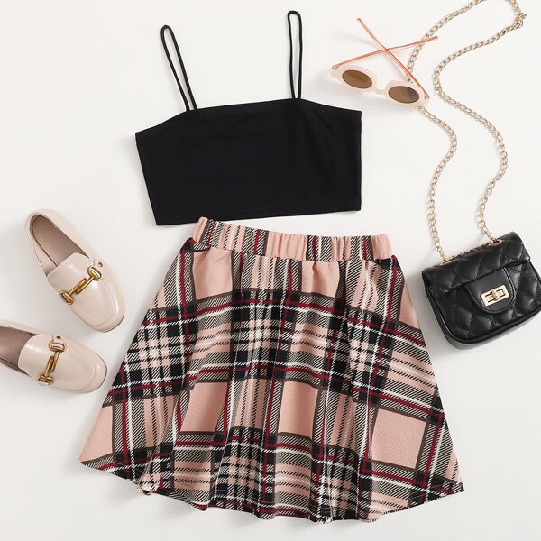 

Girls Crop Cami Top and Tartan Flare Skirt Set, Multicolor