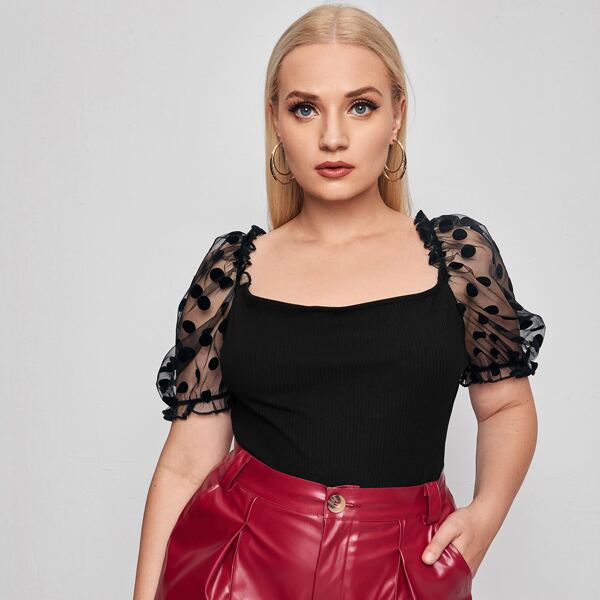 

Plus Polka Dot Print Sheer Puff Sleeve Rib-knit Top, Black
