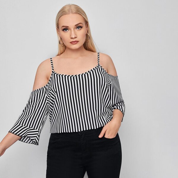 

Plus Vertical Striped Cold Shoulder Blouse, Black and white