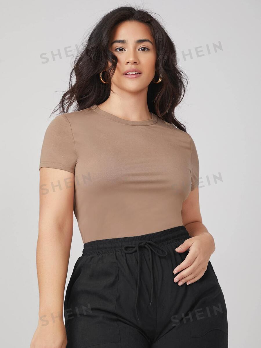 SHEIN BASICS Camiseta delgada unicolor de cuello redondo - Marrón Mocha - Ver 1