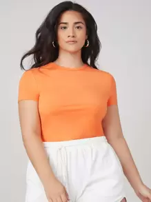 SHEIN BASICS 大碼圓領素色修身T恤 - 橘色 - 查看 1