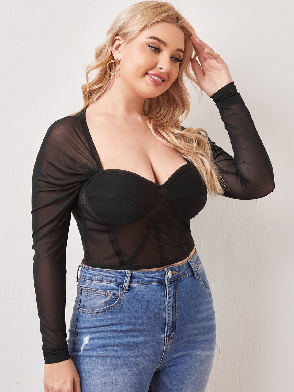 Plus Sweetheart Neck Mesh Top