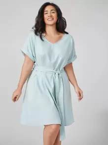SHEIN Plus Roll Up Sleeve Belted Dress - Baby Blue - View 1