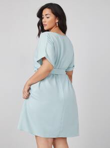 SHEIN Plus Roll Up Sleeve Belted Dress - Baby Blue - View 2