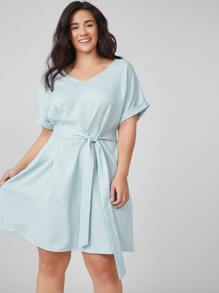 SHEIN Plus Roll Up Sleeve Belted Dress - Baby Blue - View 3