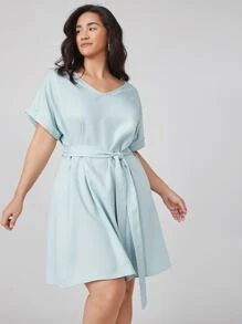 SHEIN Plus Roll Up Sleeve Belted Dress - Baby Blue - View 4