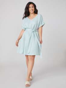 SHEIN Plus Roll Up Sleeve Belted Dress - Baby Blue - View 5