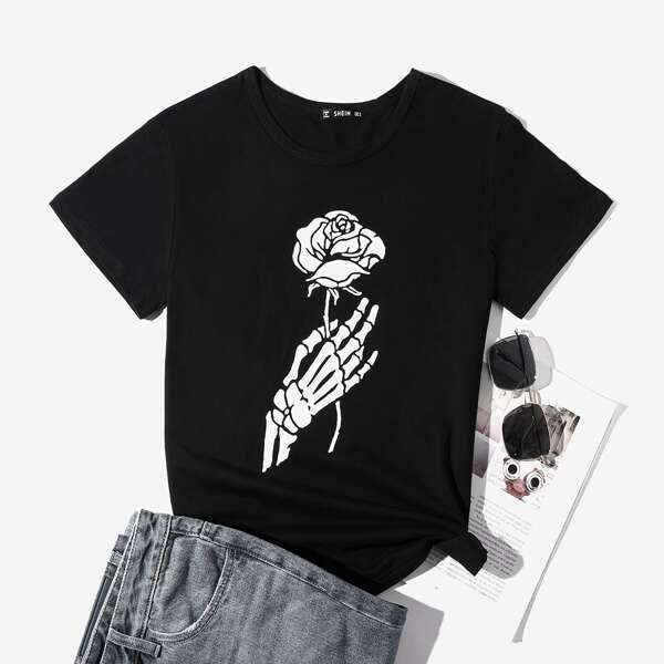 

Skeleton Hand & Floral Print Tee, Black
