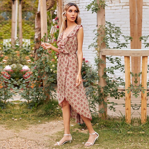 

Ditsy Floral Print Ruffle Trim Tulip Hem Dress, Multicolor
