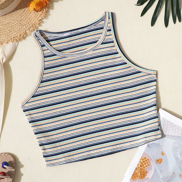 

Striped Print Rib-knit Tank Top, Multicolor