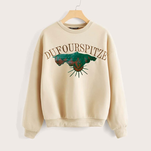 

Drop Shoulder Letter Embroidery Graphic Print Pullover, Beige