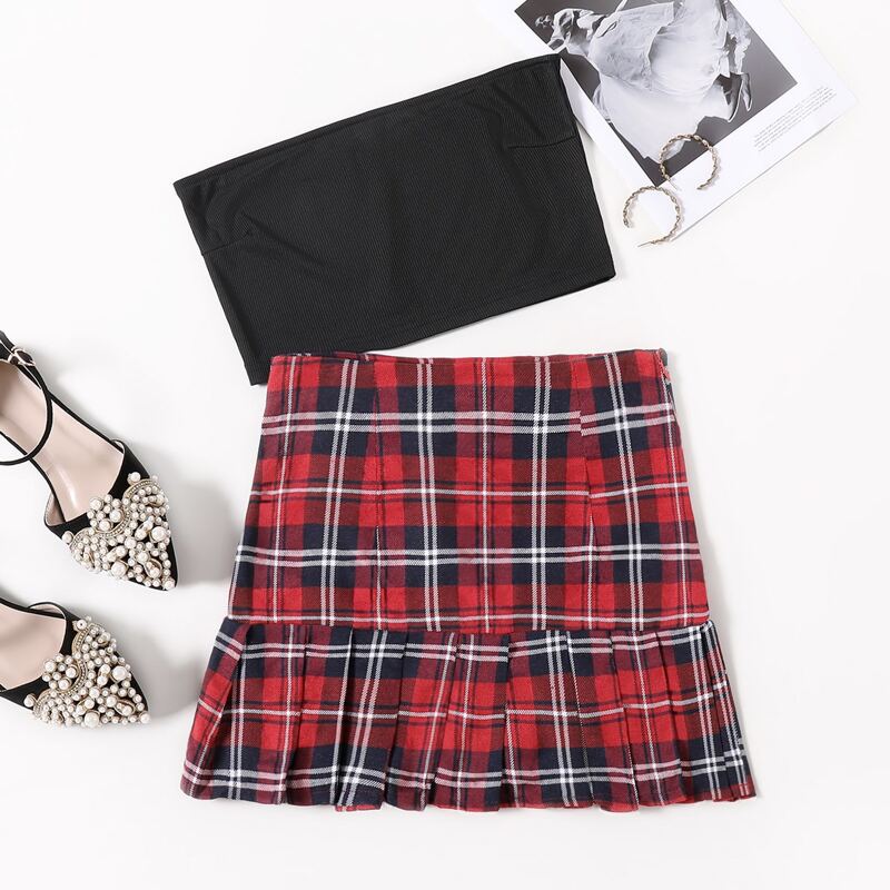 

Bandeau Crop Top & Ruffle Hem Tartan Skirt Set, Multicolor