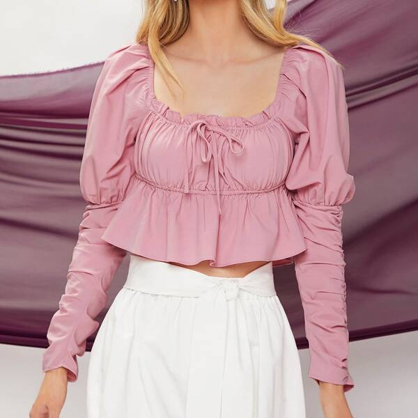 

Ruched Bust Knot Front Gigot Sleeve Top, Dusty pink