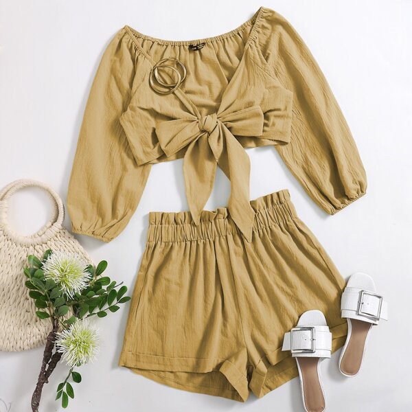 

Knot Front Crop Top With Shorts, Khaki