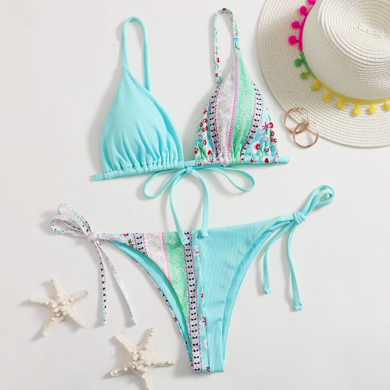 

Contrast Paisley Tie Side Bikini Swimsuit, Mint green