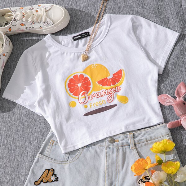 

Letter & Orange Graphic Crop Tee, White