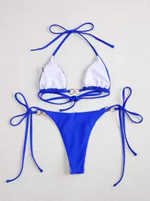 SHEIN Swim Bộ bikini dây tam giác siêu nhỏ đi biển mùa hè - Xanh đậm - Xem 2