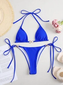SHEIN Swim Bộ bikini dây tam giác siêu nhỏ đi biển mùa hè - Xanh đậm - Xem 5