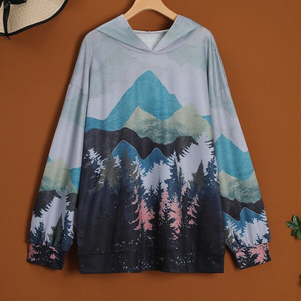 

Plus Landscape Print Drop Shoulder Hoodie, Multicolor