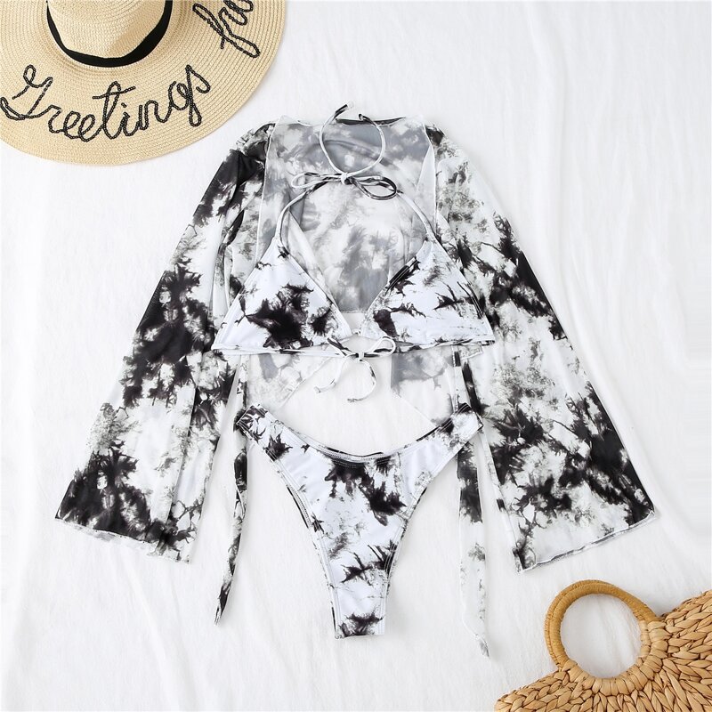 

Tie Dye Triangle Bikini Swimsuit With Kimono, Black and white