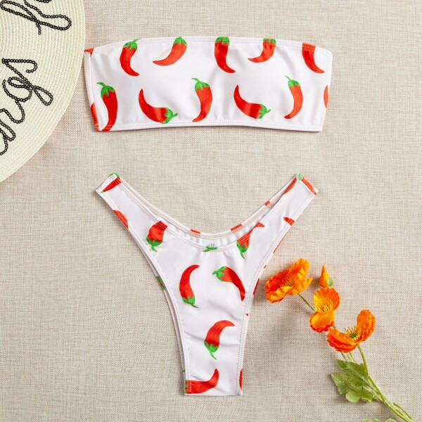 

Chili Print Bandeau Bikini Swimsuit, Multicolor