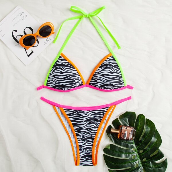

Zebra Striped Triangle Thong Bikini Swimsuit, Multicolor