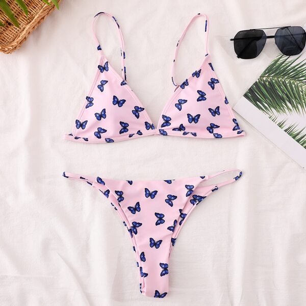 

Butterfly Print Triangle Thong Bikini Swimsuit, Pink