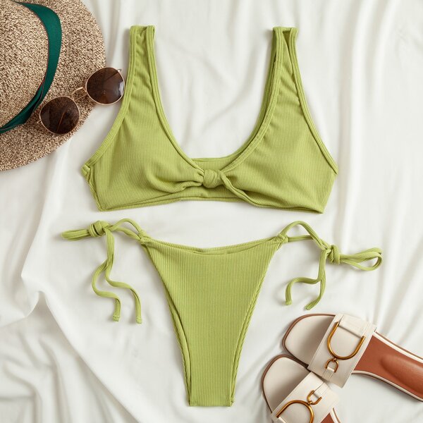 

Ribbed Knot Thong Bikini Swimsuit, Lime green