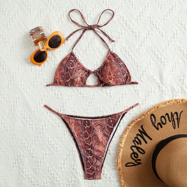 

Snakeskin Cut-out Thong Bikini Swimsuit, Multicolor