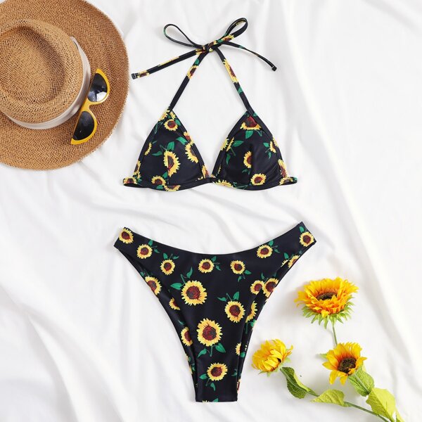 

Sunflower Print Triangle High Cut Bikini Swimsuit, Multicolor